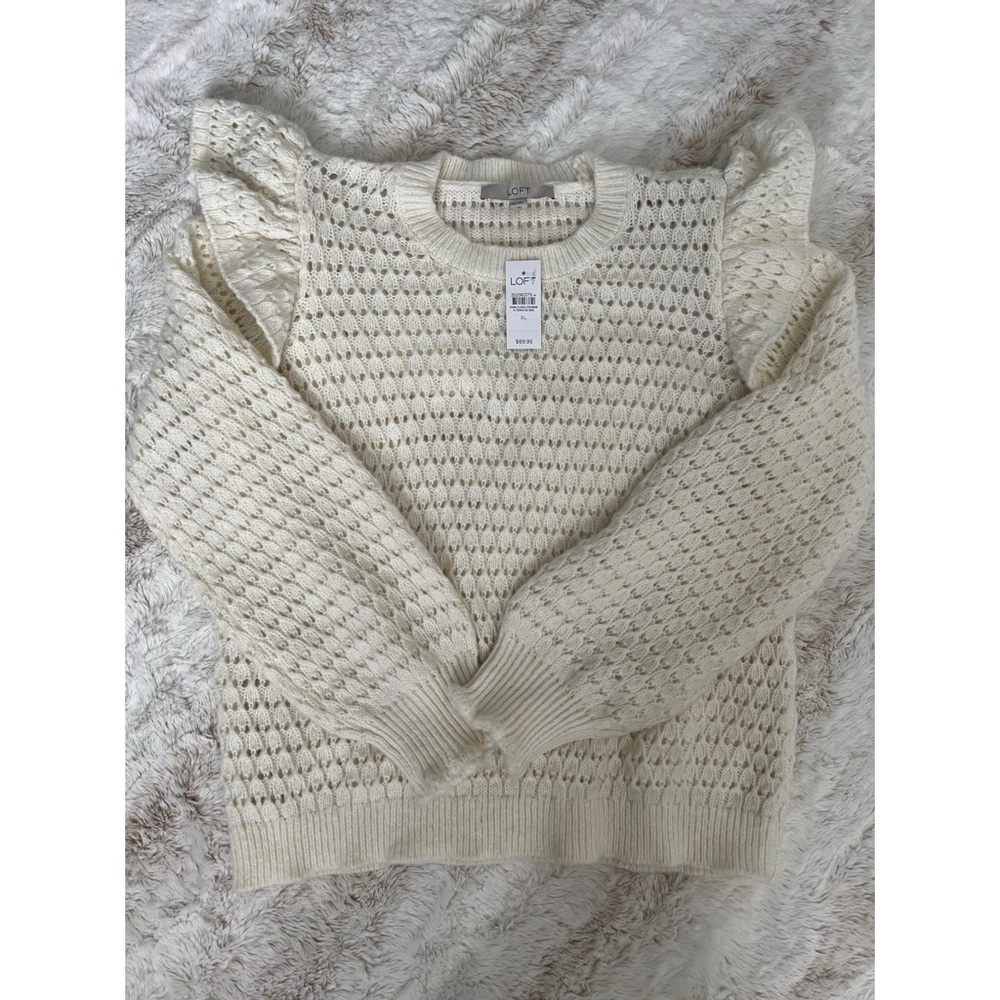 LOFT Ivory Textured Crew Neck Sweater